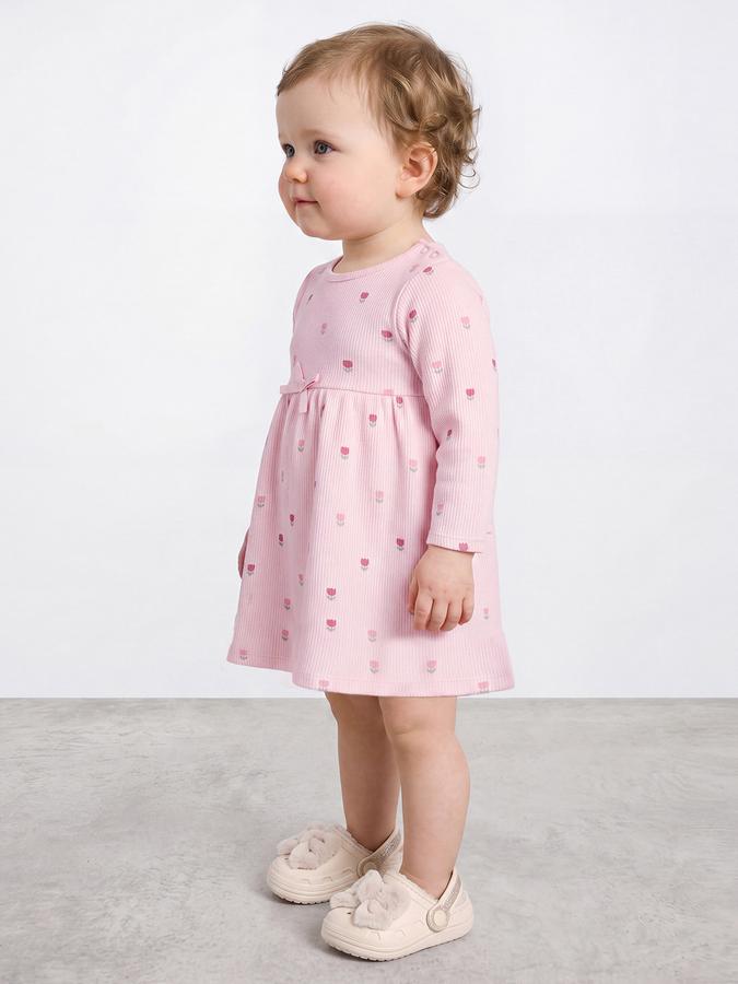 R&B Girl Light Pink Round Neck Printed Dress