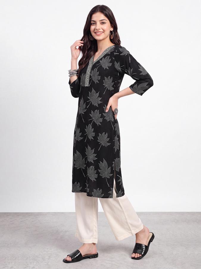 R&B Womens Black Three-Quarter Sleeves V Neck Floral Printed Straight Kurta