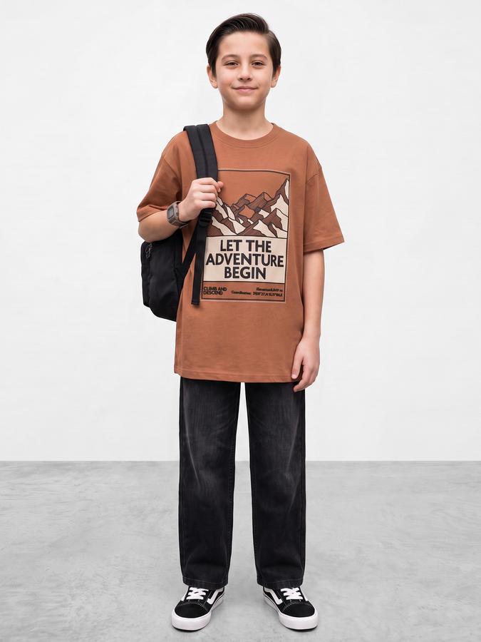 R&B Boys Brown Graphic Print Short Sleeves Round Neck Pure Cotton T-Shirt