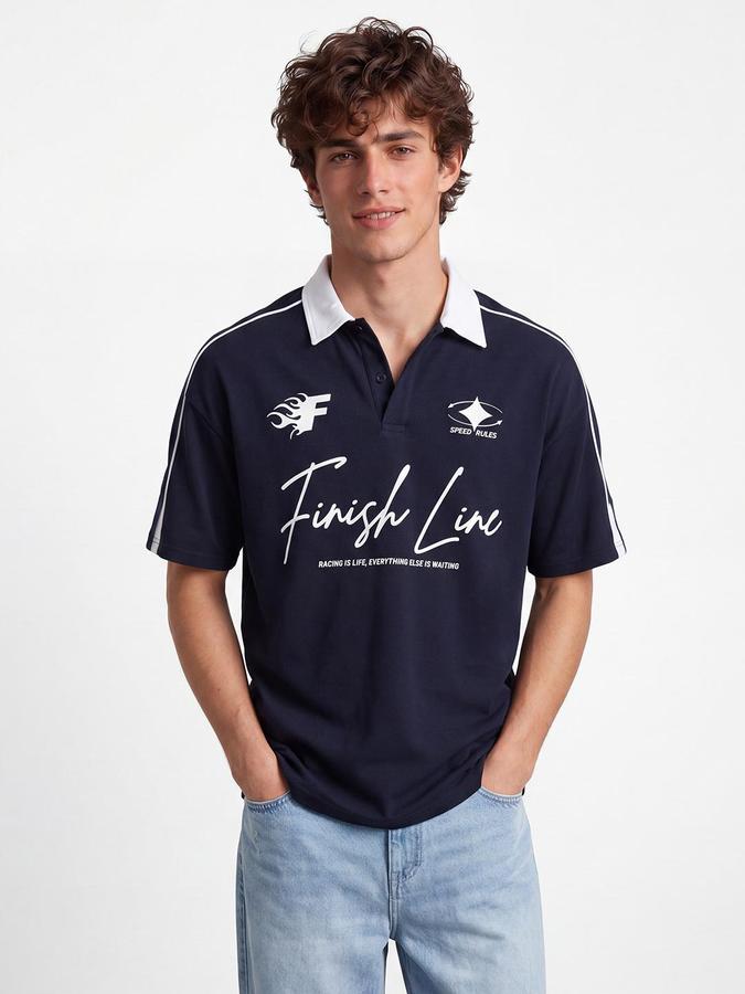 R&B Men Navy Blue Typography Printed Short Sleeves Polo Tshirt