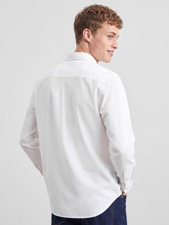 R&B Men's White Long Sleeves Spread Collar Cotton Slub Shirt