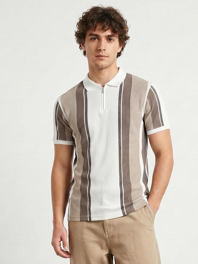 R&B White Men Striped Short Sleeves Tshirt