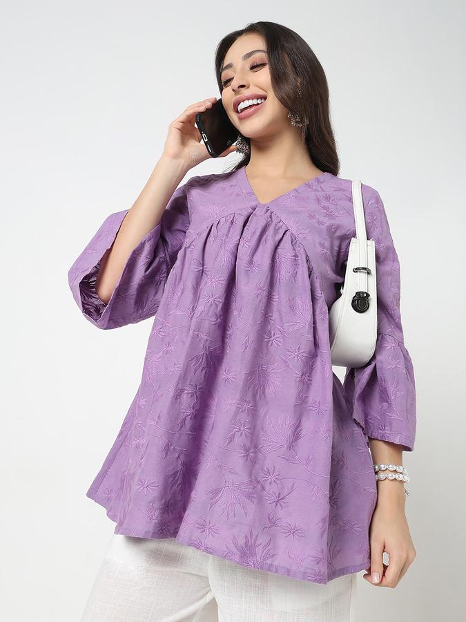 Women's schiffli gathered lavender v- neck tunic with flared sleeves 