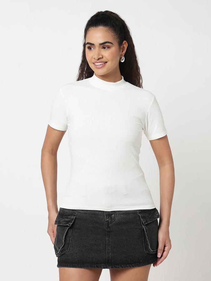 Women Viscose Slim Fit High Neck Ribbed Top