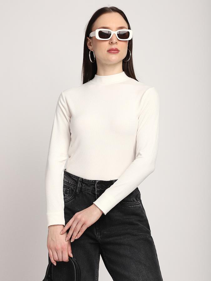 R&B Women Ivory Solid Ribbed Top