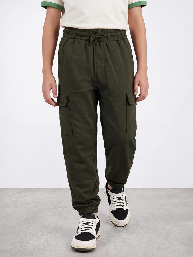 R&B Boys Olive Solid Cargos Track Pants