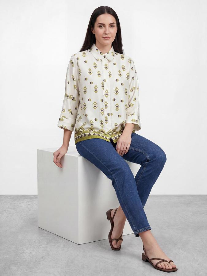 R&B Womens BLUE Printed Shirt Collar Three-Quarter Sleeves Tops 