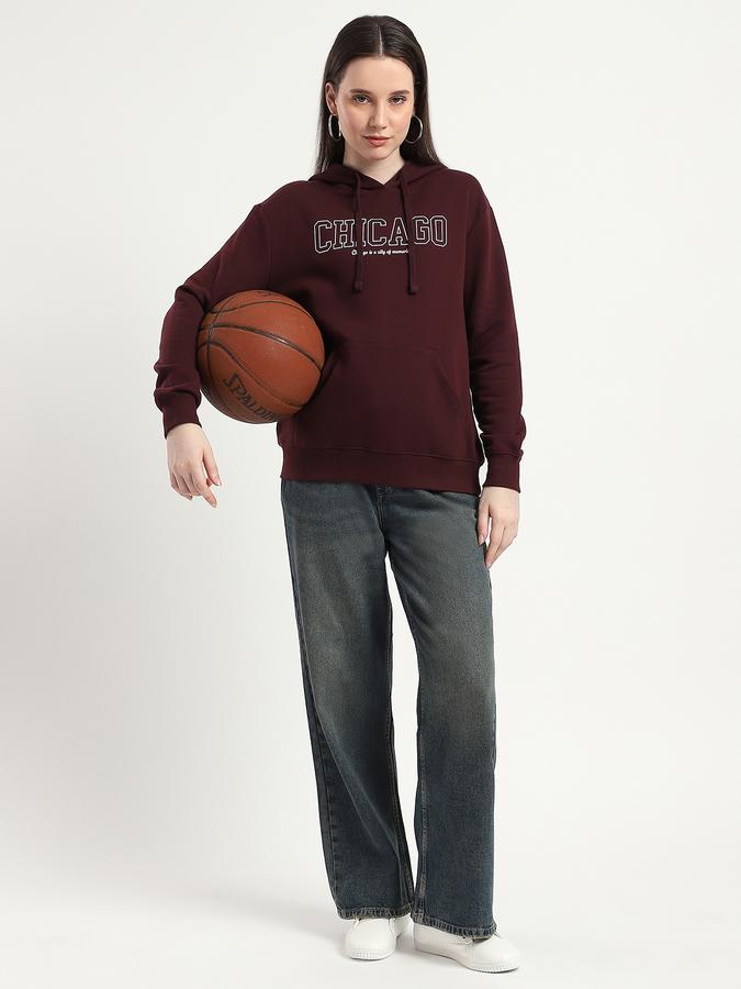 Women Fleece Relaxed Fit Hooded Typographic Sweatshirt