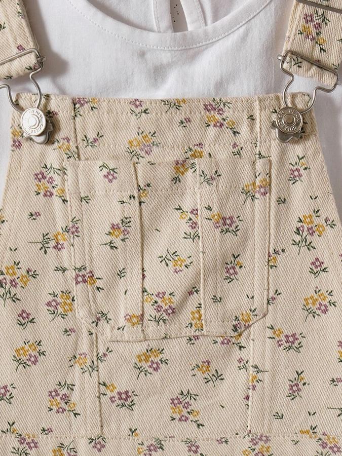 R&B Girls Beige Floral Print Cotton Ankle Length Dungarees