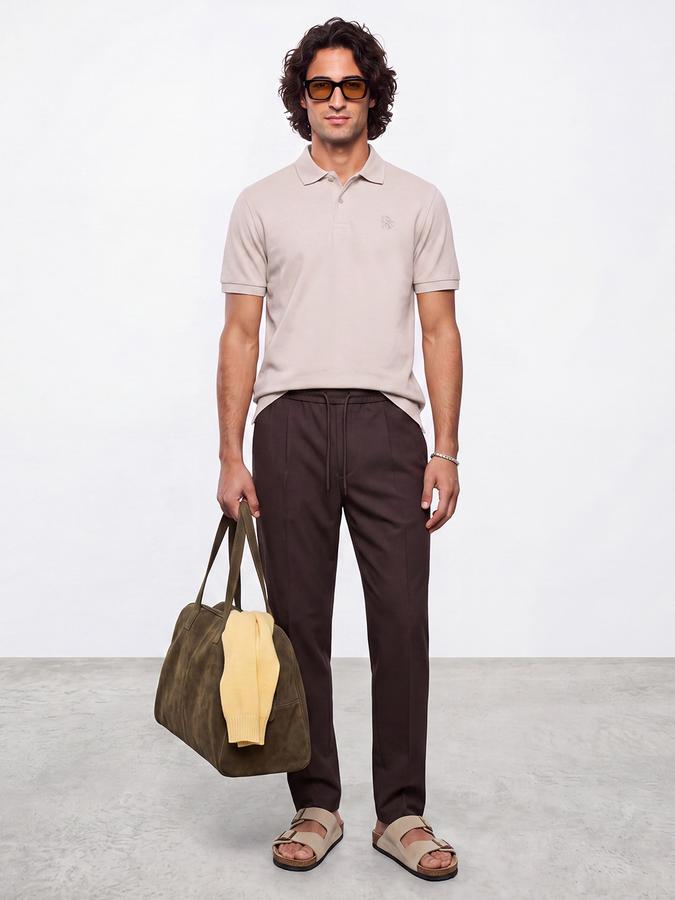 R&B Men Beige Solid Short Sleeves Pure Cotton Polo Collar Tshirt