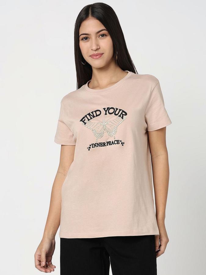 R&B Womens Ivory Typography Printed  Round Neck Short Sleeves T-shirt