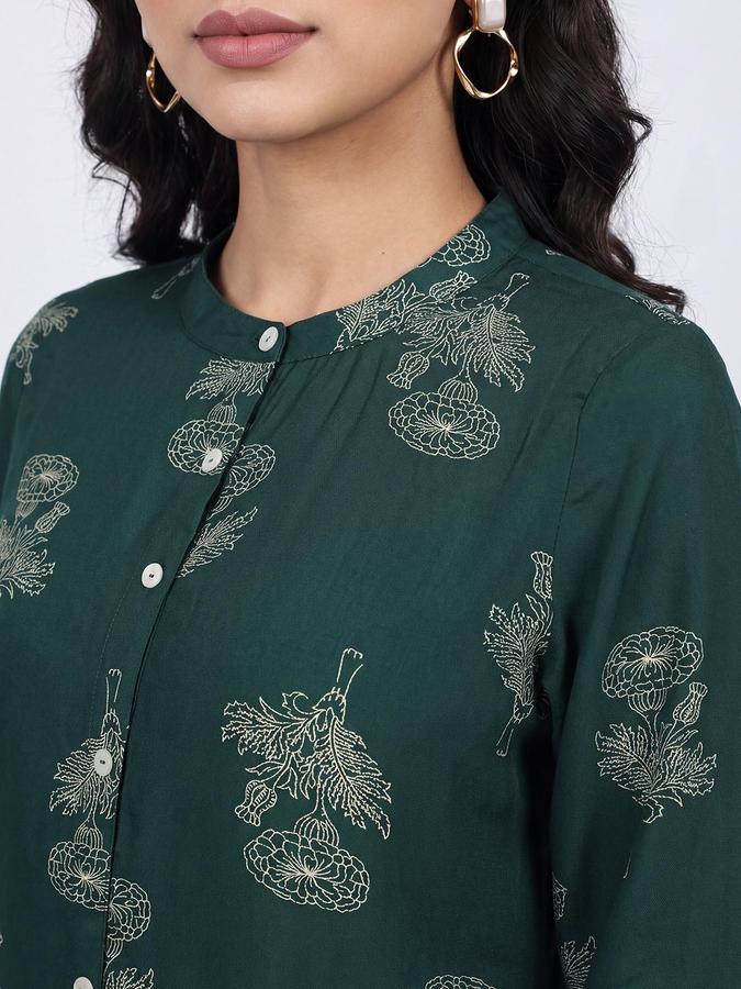 R&B Women Green Floral Print Mandarin Collar Three-Quarter Sleeves Straight Kurta