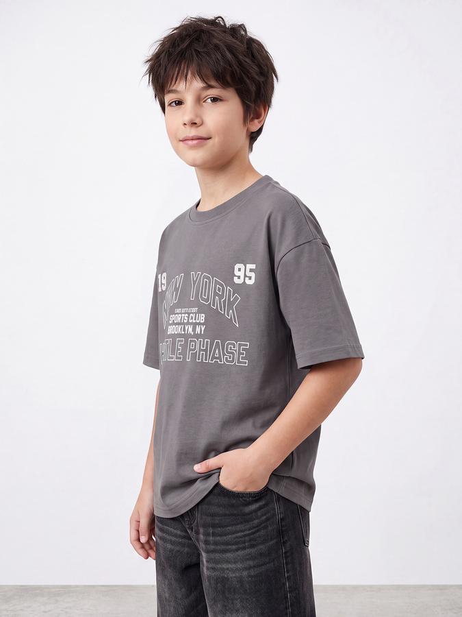R&B Boys Grey Bold Typographic Print Drop-Shoulder Sleeves Tshirt