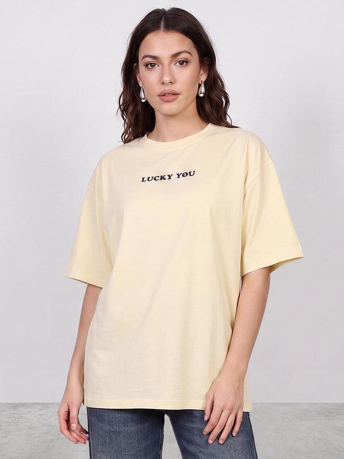 R&B Women Light Yellow Graphic Back Print Pure Cotton Round Neck  T-Shirt