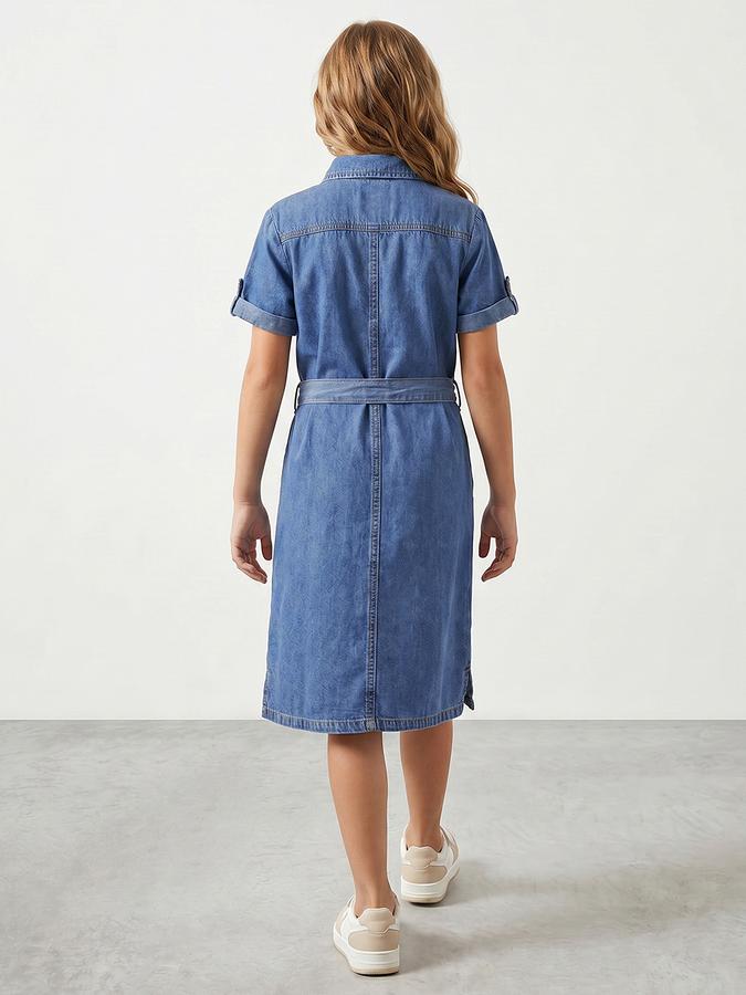 R&B Girl Blue Regular Fit Solid Short Sleeves Denim Shirt Dress