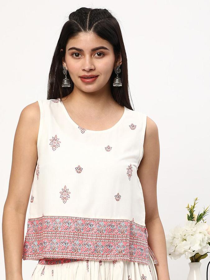 Women Rayon Relaxed Fit Round Neck Printed Ethnic Top