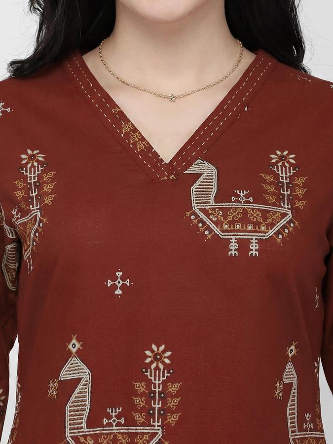 R&B Women Maroon Etnic Motifs Print V-Neck Knee Length Pure Cotton Ethnic Kurta