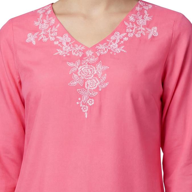R&B Pink Women V-Neck Three-Quarter Sleeves Kurta 