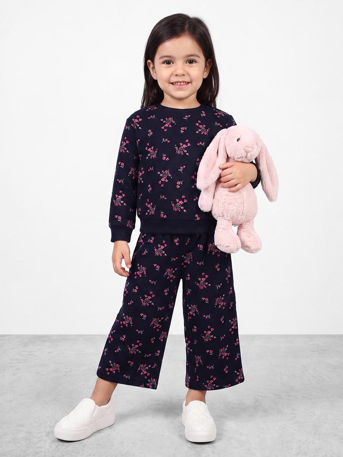 R&B Girls Blue Floral Print Wide Leg Mid Rise Trousers