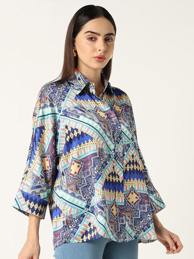 R&B Women Blue Geometric Print Long Sleeves Shirt 
