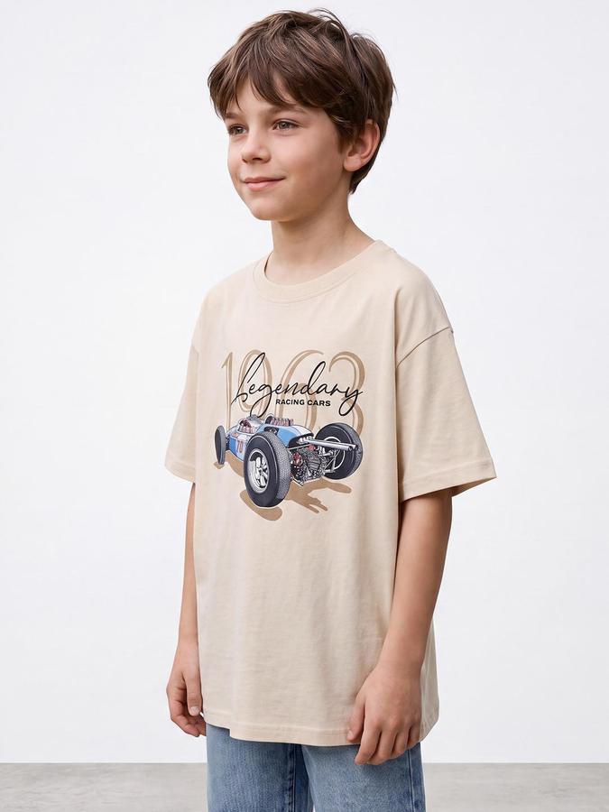 R&B Boys Beige Short Sleeve Round Neck Race Car Graphic Print T-Shirt