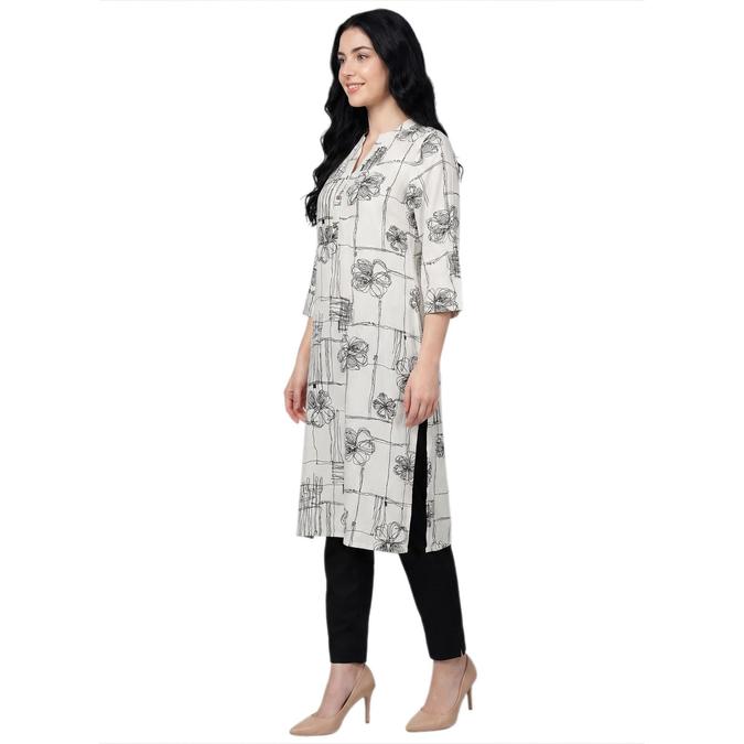 R&B Off White Women Mandarin Collar Three-Quarter Sleeves Kurta 