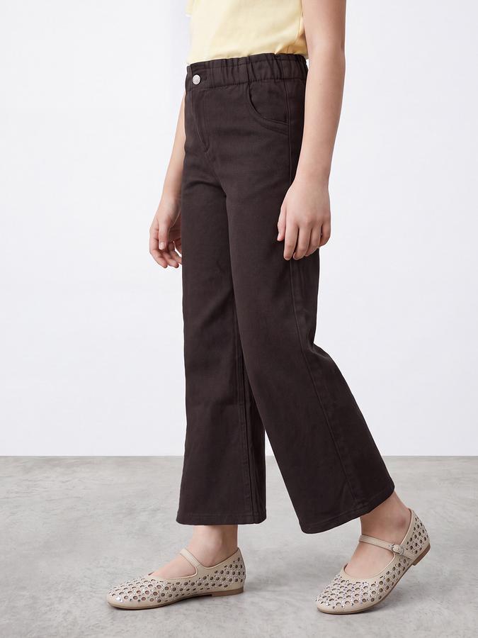 R&B Girls Brown Solid Wide Leg Mid Rise Trousers