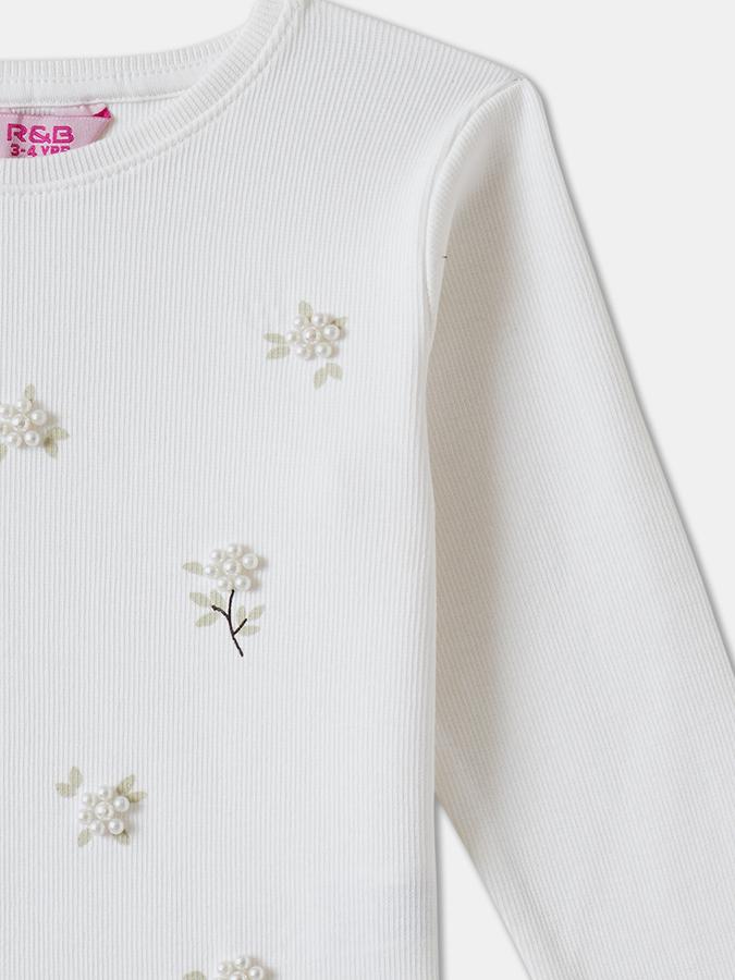 Girls Cotton Regular Fit Crew Neck Long Sleeve Embroidered Top