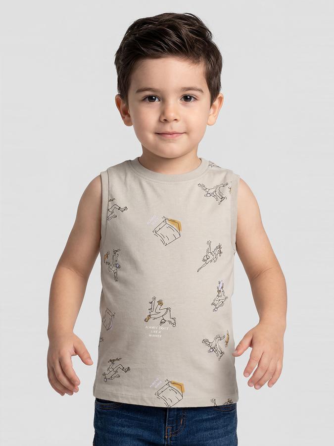 R&B Grey Graphic Print Boys Round Neck Regular Fit Sleeveless T-Shirt 