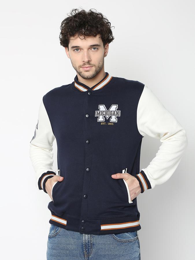 Men Cotton Regular Fit Patched Varsity Jacket