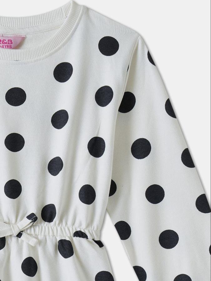 R&B Beige Polka Dots Printed Girls Long Sleeves Dress