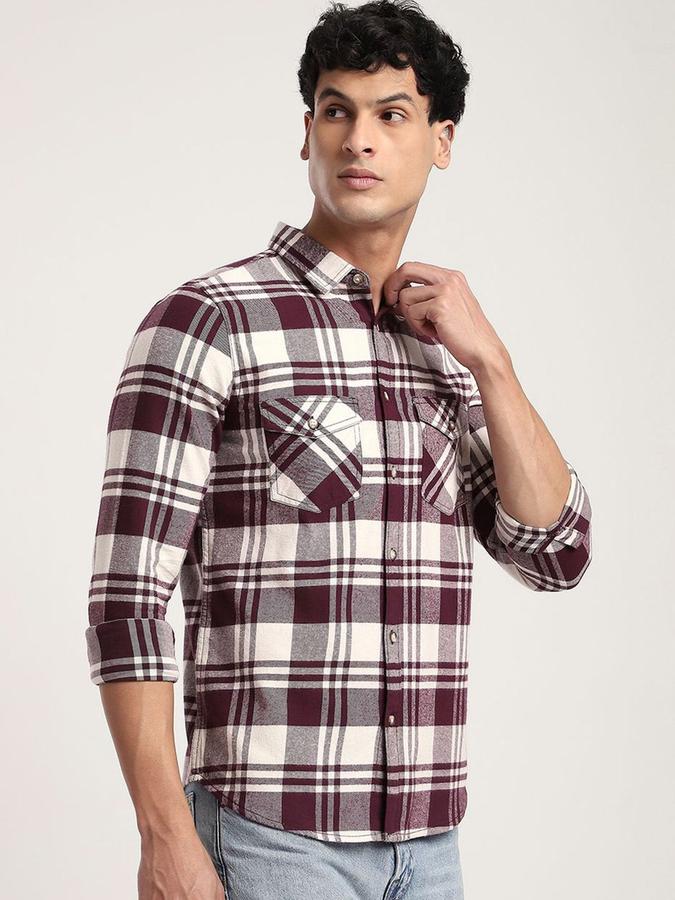 R&B Men Maroon Checked Long Sleeves Shirt 