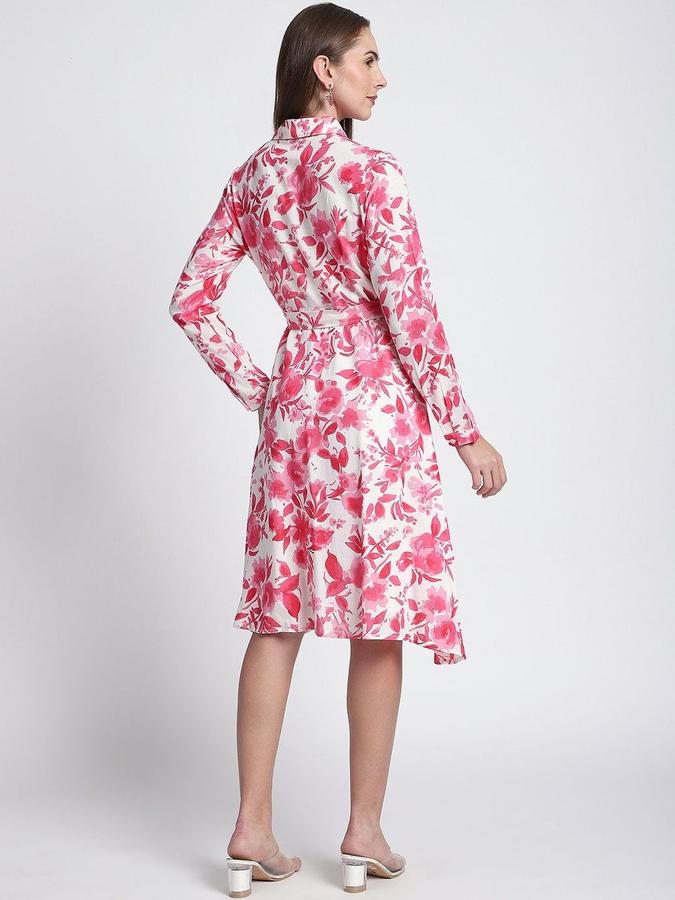 R&B Women Pink Floral Long Sleeves Shirt Collar Knee Length A-Line Dress
