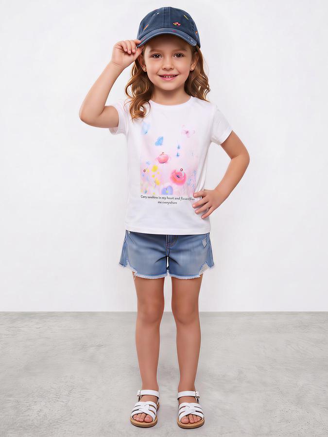 R&B Girls Ivory Butterfly Print Short Sleeves Round Neck Pure Cotton T-Shirt