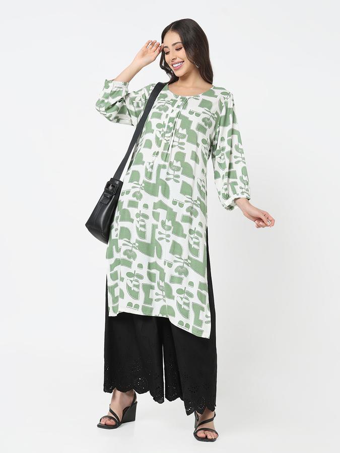 Women's regular fit casual green abstract geometric printed round neck straight kurta 