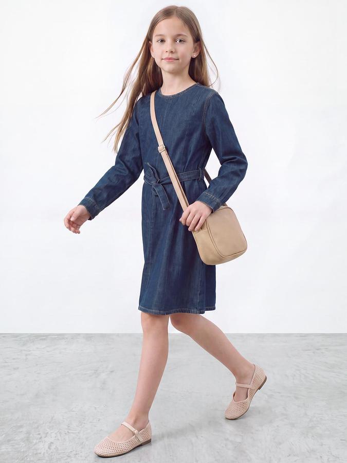 R&B Girls Blue Solid Round Neck Long Sleeves Denim A-Line Dress