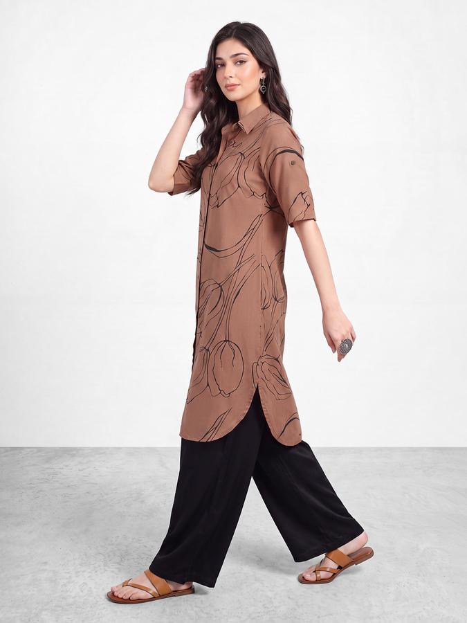 R&B Womens Brown Short Sleeves Collared Floral Printed Straight Kurta