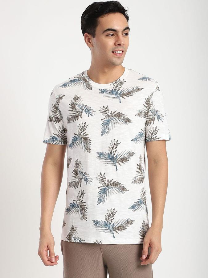 R&B Mens Ivory Floral Print Round Neck Short Sleeves T-shirt
