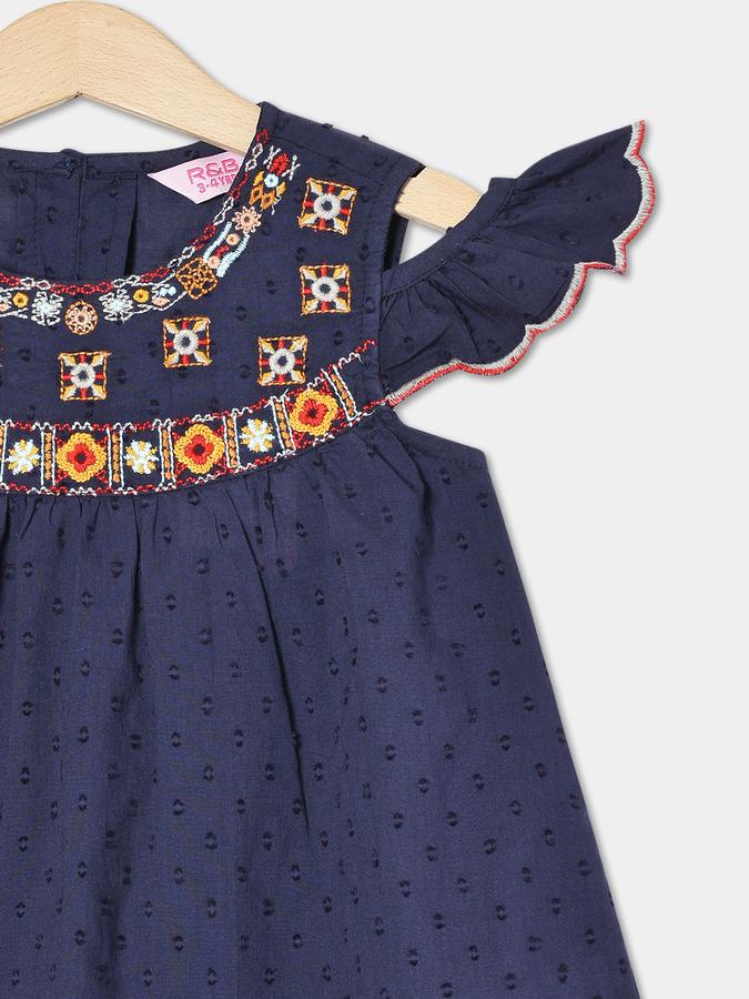 Girls Cotton Relaxed Fit Crew Neck Flutter Sleeve Embroidered Top