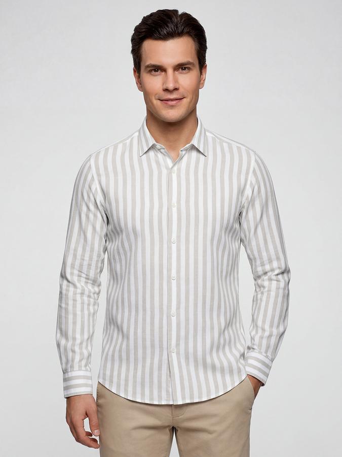 R&B Brown Striped Men Spread Collar Long Sleeves Shirt