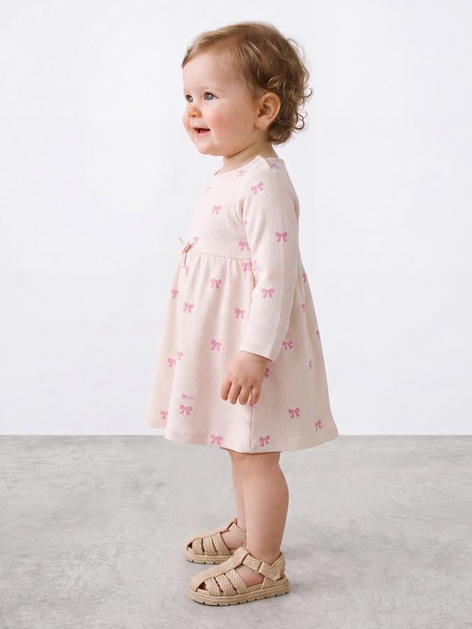 R&B Girl Cream Round Neck Printed Dress