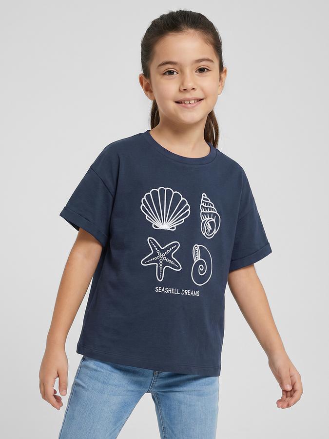 R&B Navy Blue Graphic Print Girls Round Neck Regular Fit Short Sleeves T-Shirt 