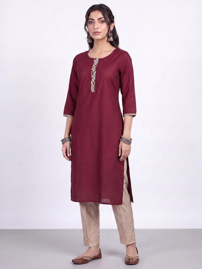 R&B Women Maroon Floral Embroidery Round Neck Three-Quarter Sleeves Ethinic Kurta