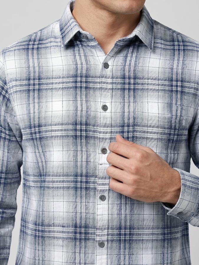 R&B Blue Checked Men Spread Collar Long Sleeves Shirt