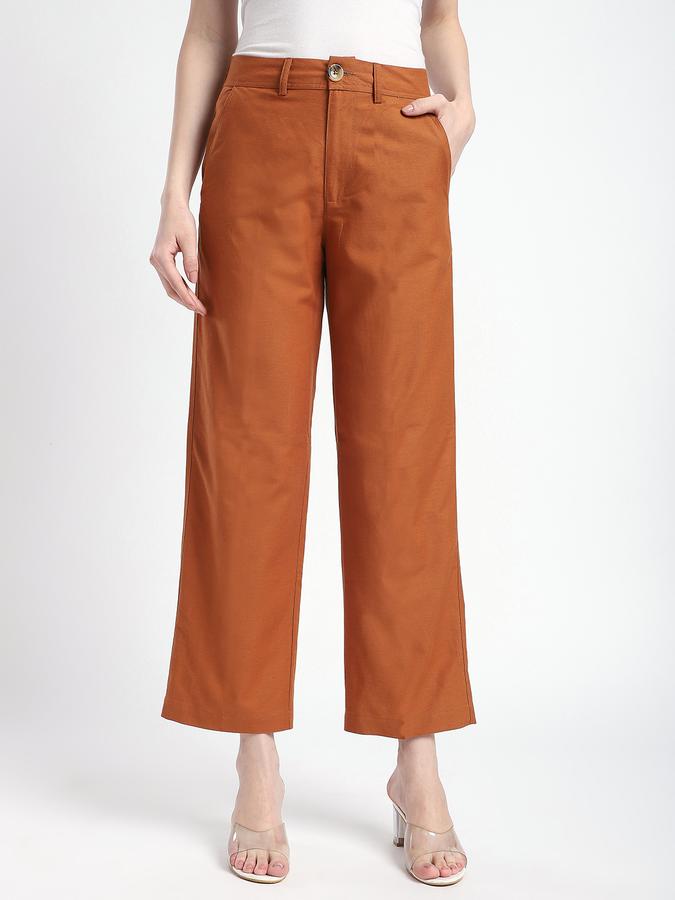 Women Cotton Straight Leg High Rise Solid Pants