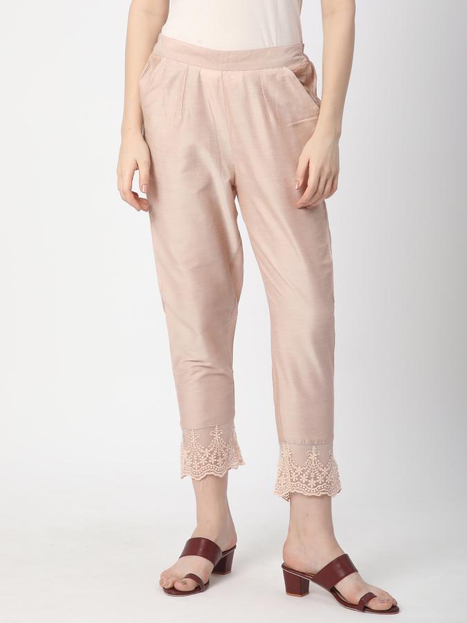 Women Poly Blend Cigarette Elasticated Waist Lace Detail Trousers