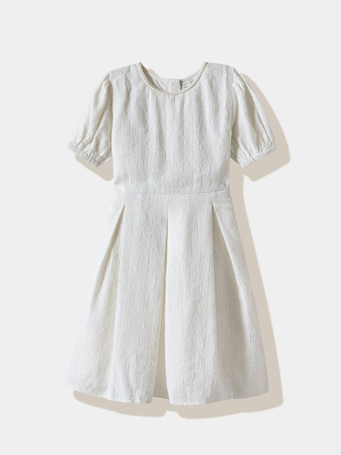 R&B Girls White Self Half Sleeves Round Neck Knee Length A-Line Dress