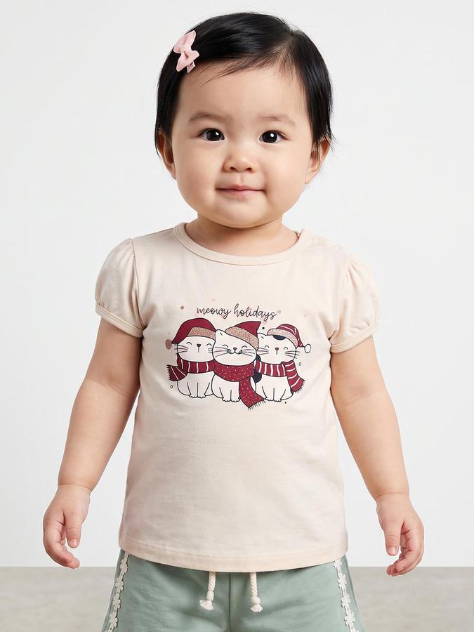 R&B Girls Beige Graphic Print Short Sleeves Round Neck Pure Cotton T-Shirt