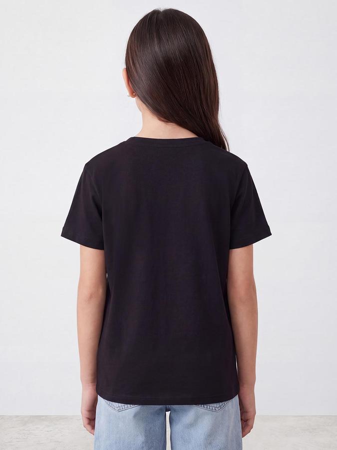R&B Girls Black Typography Print Short Sleeves Round Neck Pure Cotton T-Shirt