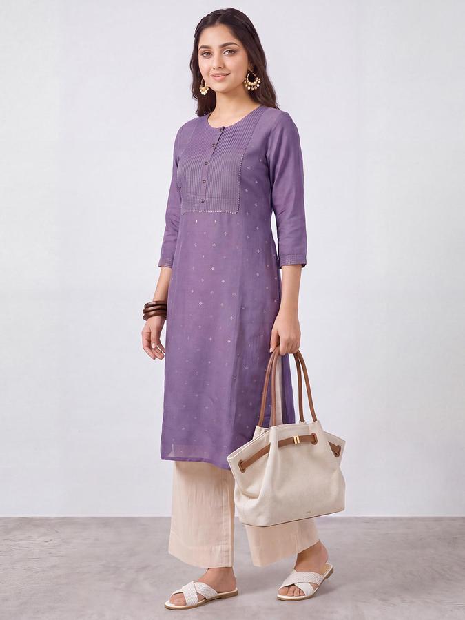 R&B Women Dusty Purple Round Neck 3/4 Sleeves Pintuck Straight Kurta